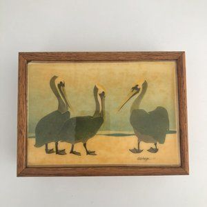 Vintage Wooden Photo Storage Box Ceramic Tile Penguins Lid Signed by Artist 1984